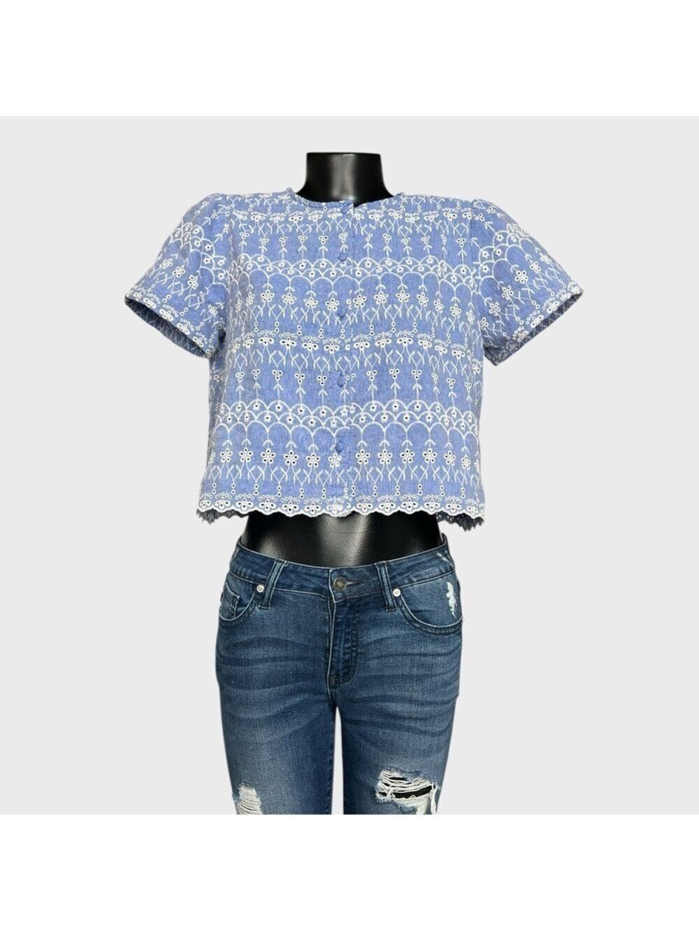 Zara NEW Floral Embroidered Blue White Crop Top Medium Feminine Cottagecore Boho
